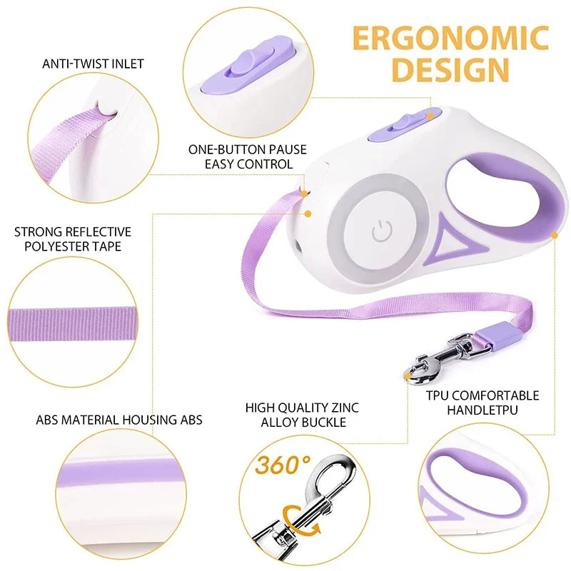 Automatic Retractable Dog Leash with LED Light – Tangle-Free Night Walking Dog Leash